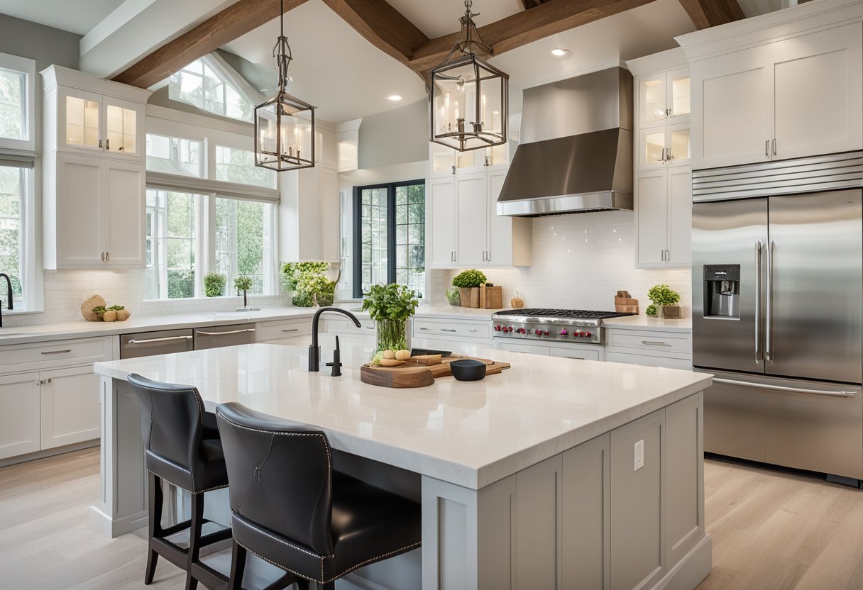 A bright, modern kitchen with white cabinets, stainless steel appliances, and a large island. The space is filled with natural light and accented with pops of color from decorative accessories
