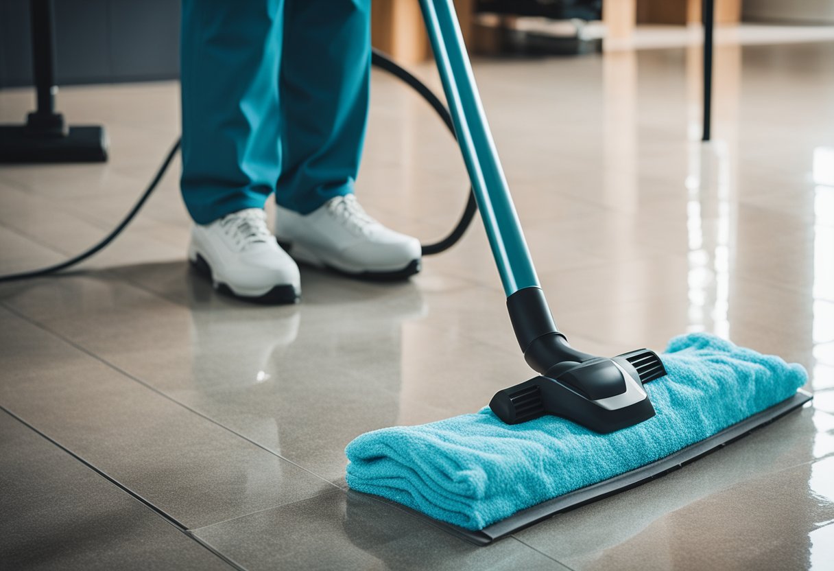 A person using a damp cloth to wipe down surfaces, wearing a mask and gloves. Vacuuming with a HEPA filter and mopping with a wet mop