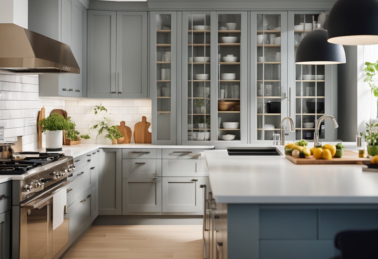A bright, spacious kitchen with modern IKEA cabinets and countertops. A couple discusses layout options while browsing through a variety of stylish kitchen accessories and appliances