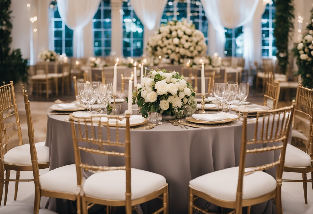 A bride and groom sit at a beautifully decorated table with elegant chairs, surrounded by tastefully arranged wedding furniture. The setting exudes sophistication and luxury, tailored to meet the couple's specific wedding needs