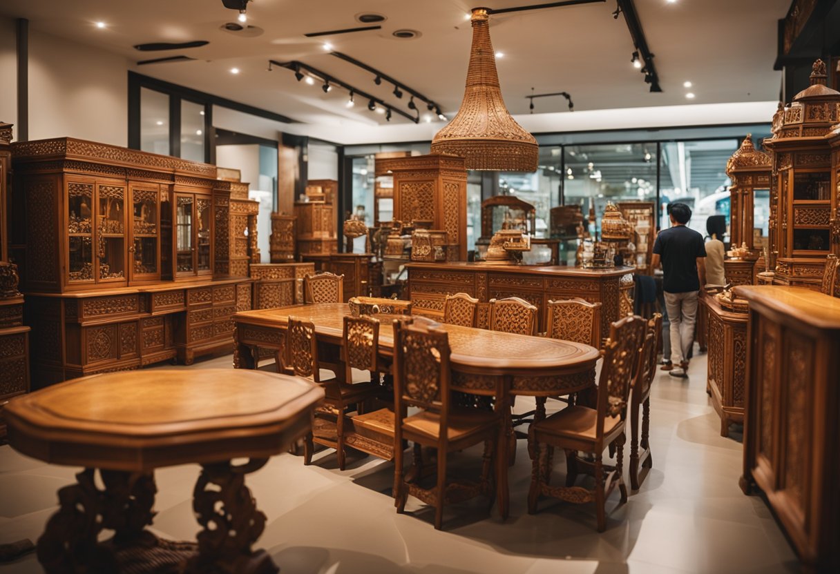 A wooden furniture shop in Singapore bustling with customers admiring the craftsmanship of the intricately carved tables and chairs