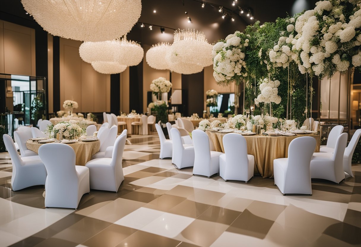 A bustling wedding furniture rental showroom in Singapore with various seating and decor options displayed neatly and attractively