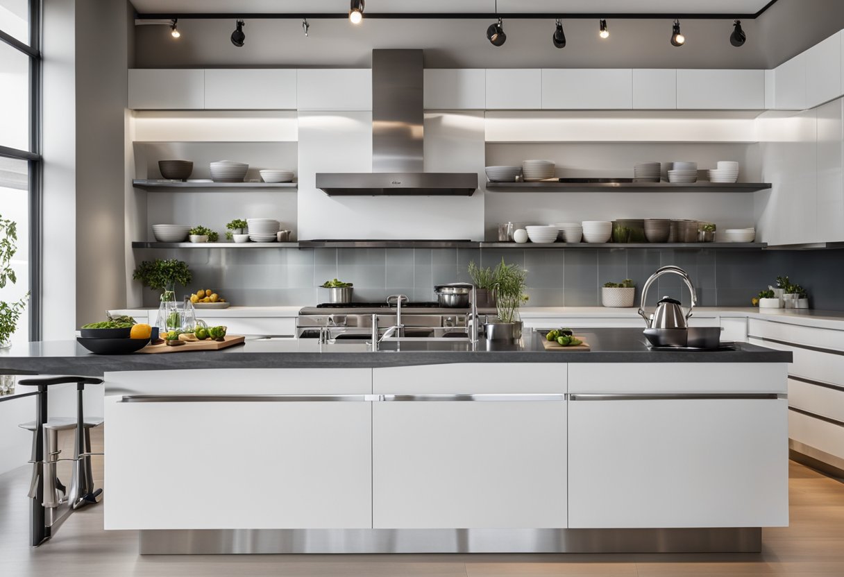A bright, modern kitchen with sleek white cabinets, stainless steel appliances, and a large island with a quartz countertop. Shelves display neatly organized cookware and utensils