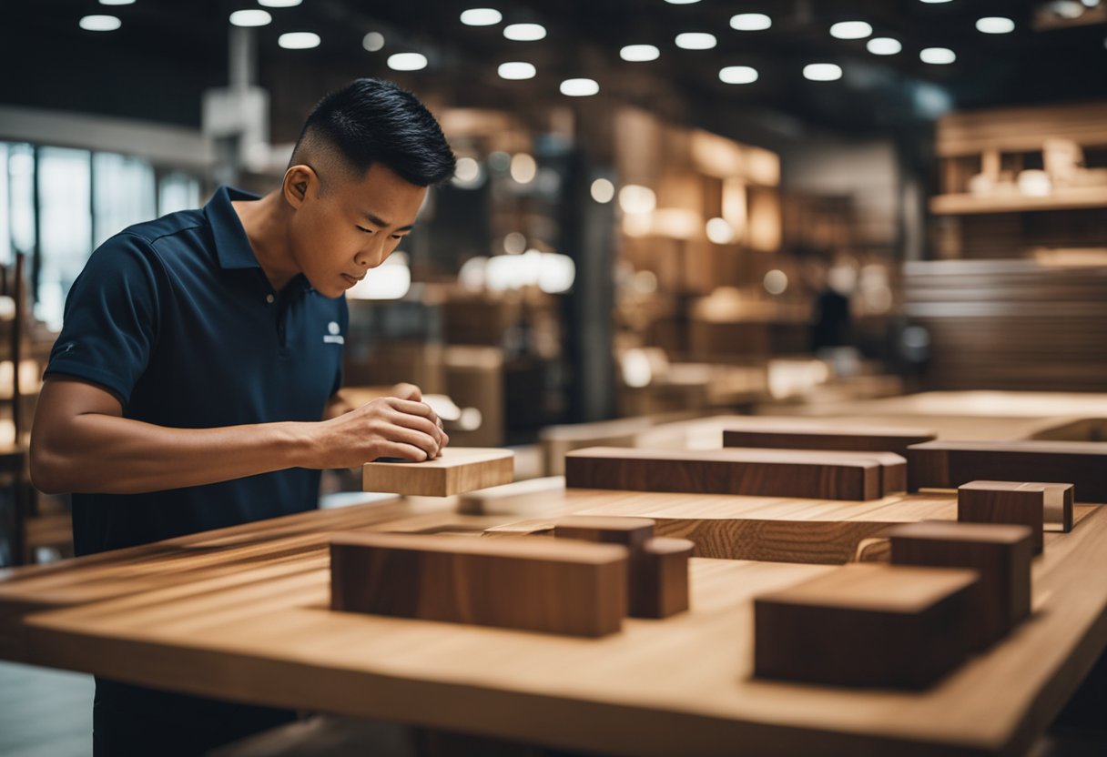 A customer admires the craftsmanship of a wooden table in a Singapore furniture shop