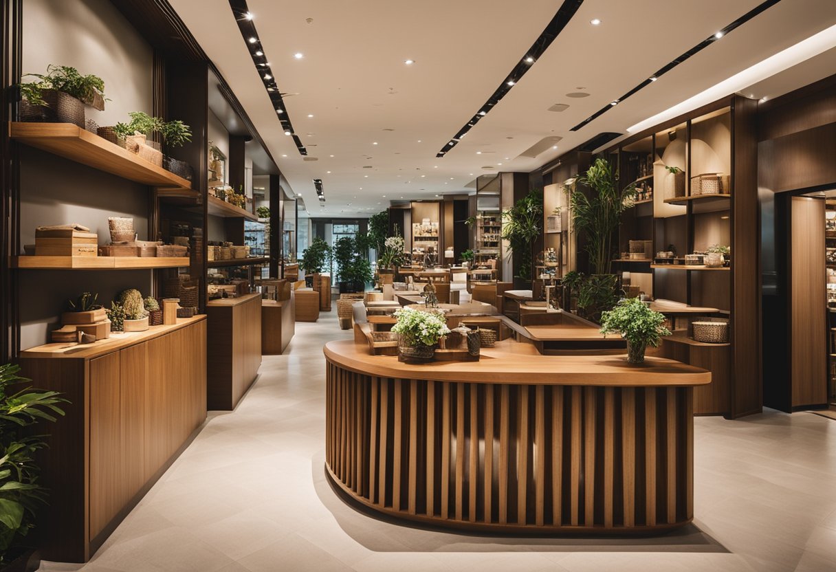 A bustling wooden furniture shop in Singapore, with elegant displays and friendly staff assisting customers