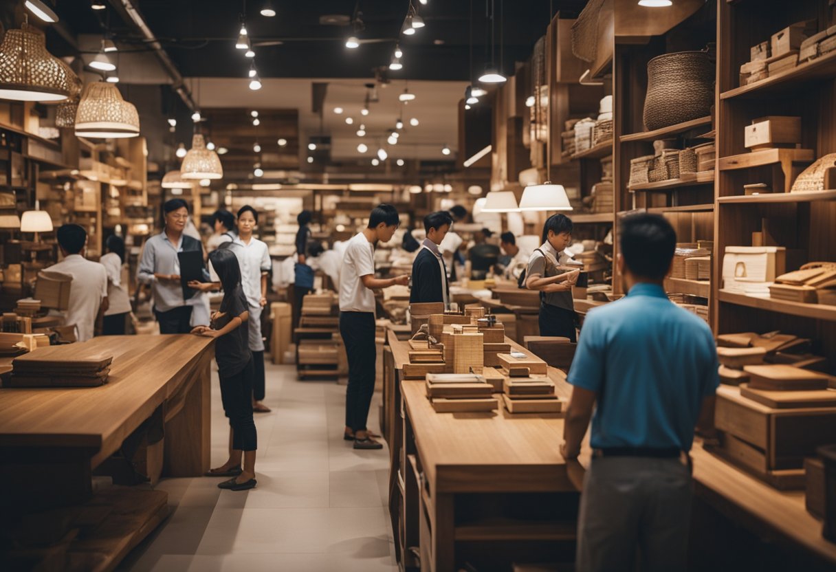 A bustling wooden furniture shop in Singapore with various customers browsing and asking questions to the attentive staff