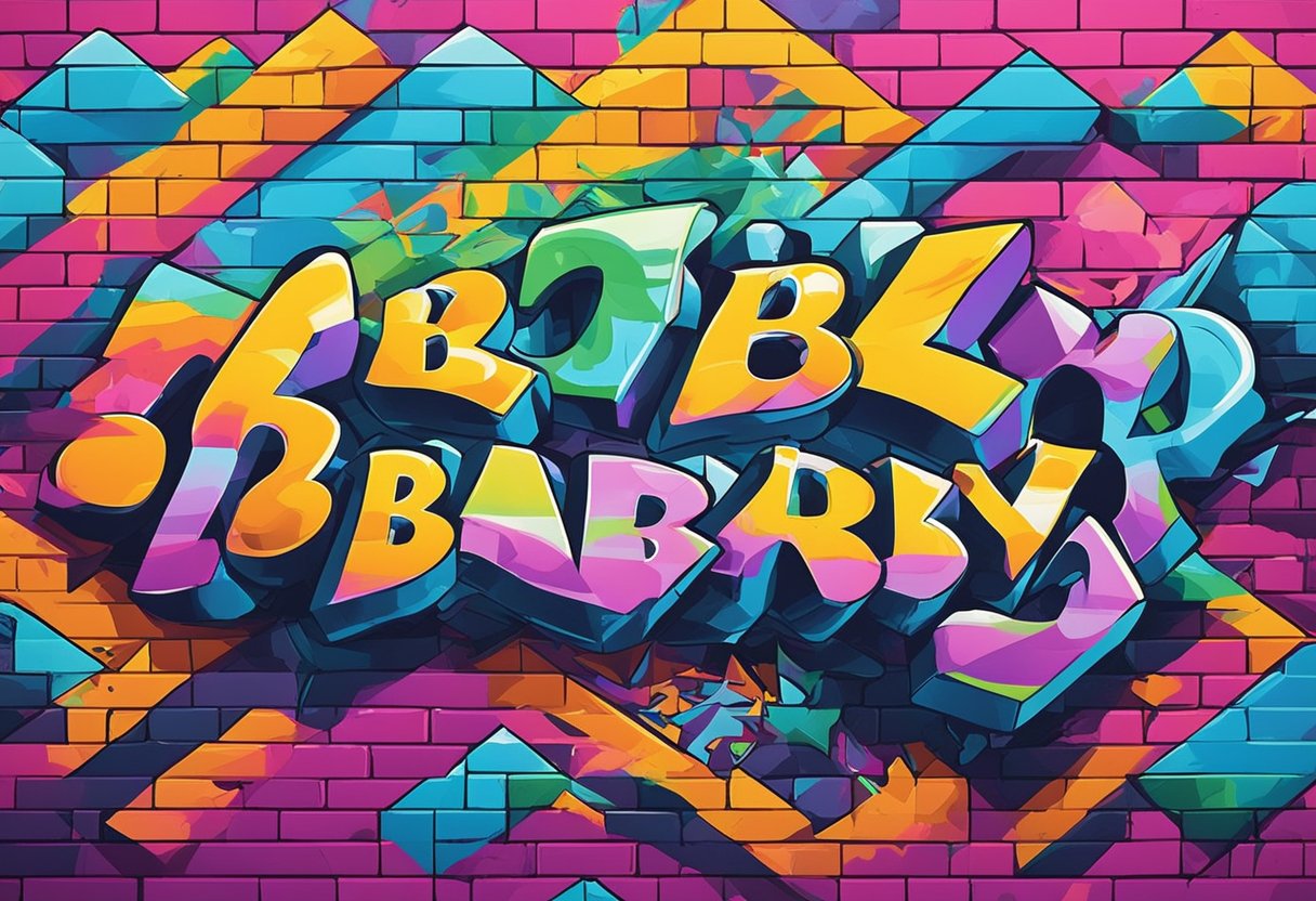 A graffiti-covered brick wall with "ghetto baby names" spray-painted in bold letters. A mix of vibrant and edgy colors surround the words