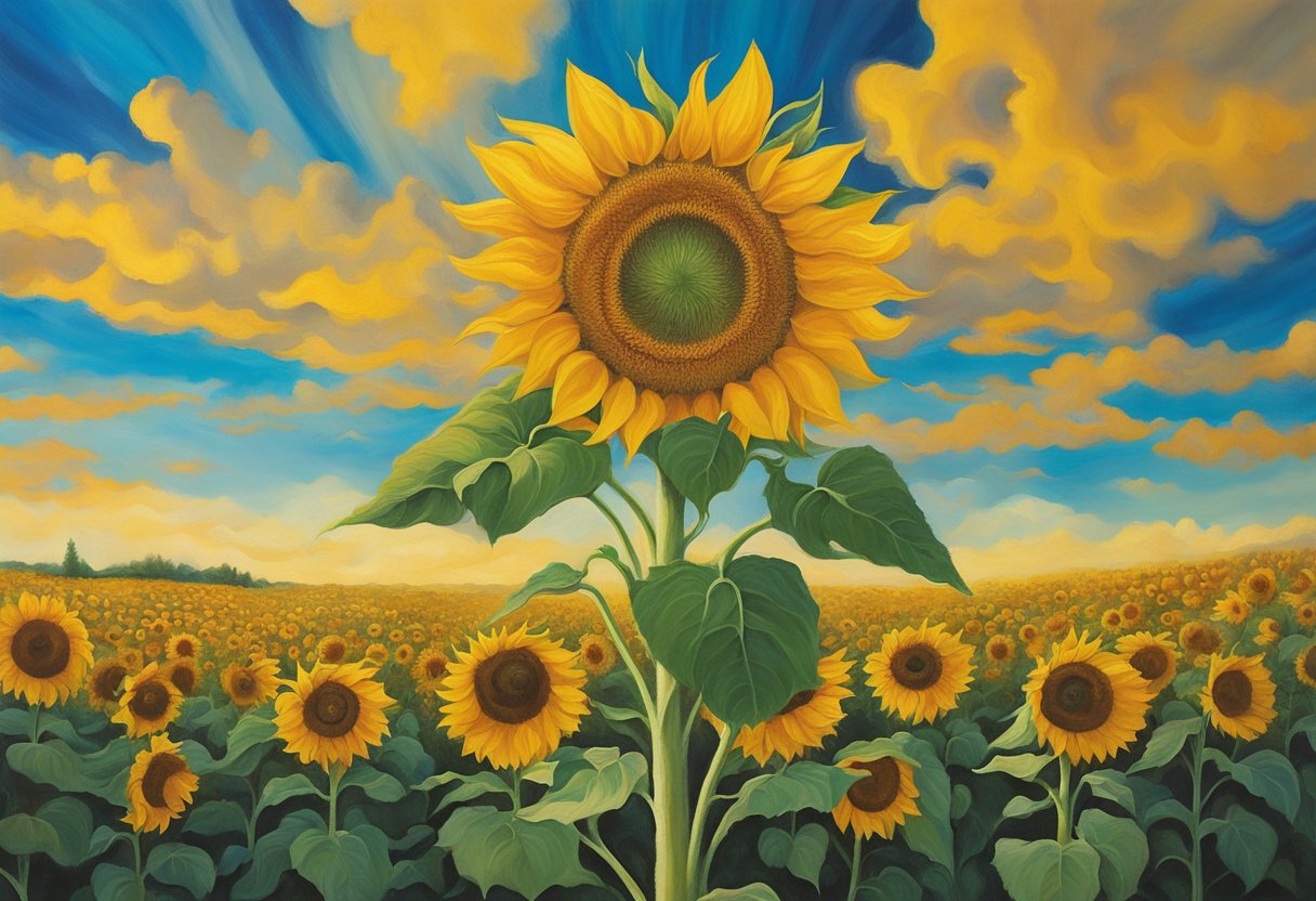 A vibrant sunflower reaching towards the sky, surrounded by a circle of supportive friends and family