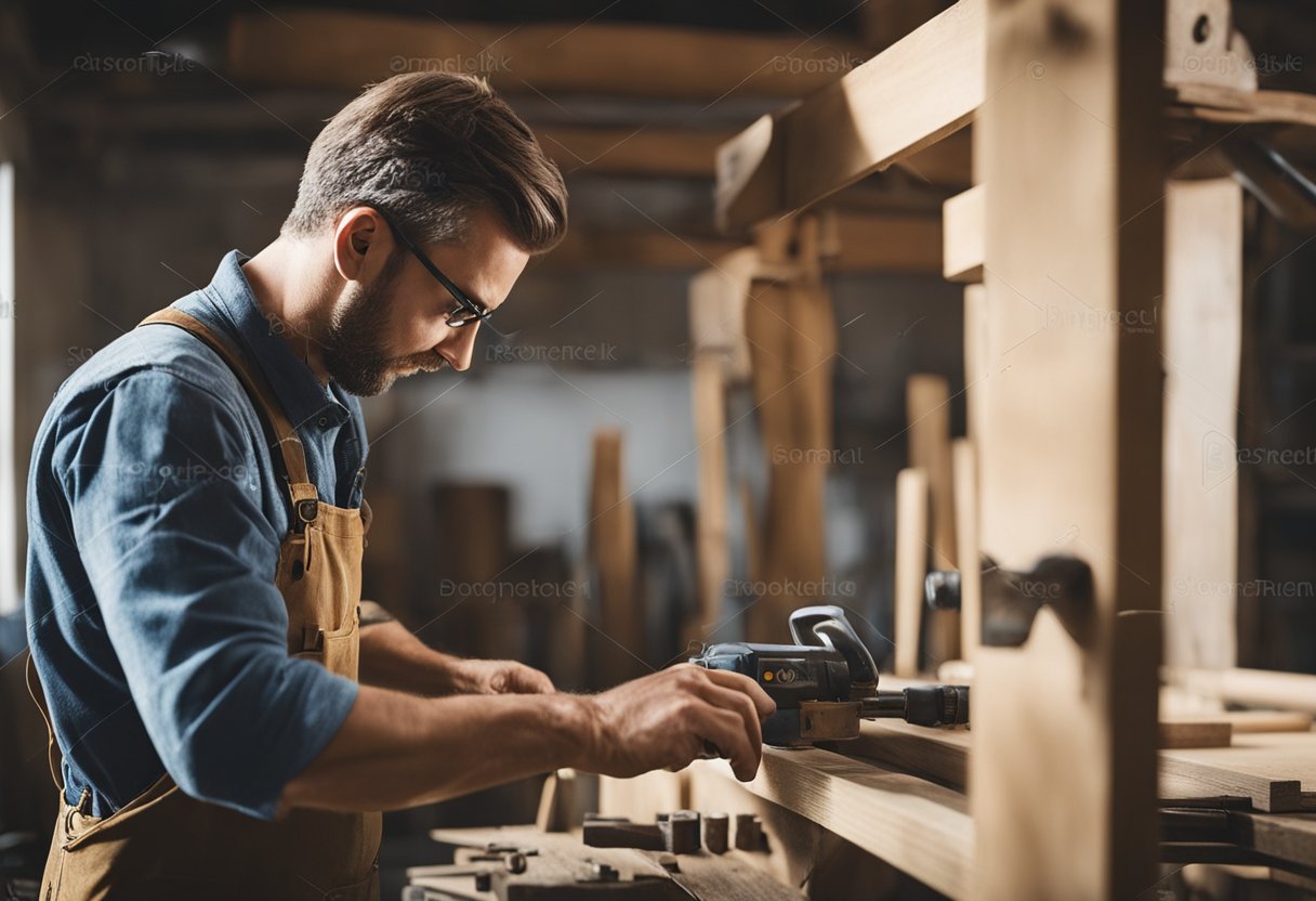 A carpenter repairing a wooden door with tools in a workshop