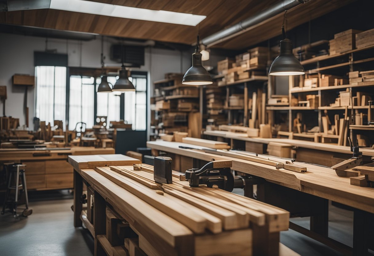 A carpentry workshop in Singapore, filled with precision tools and expertly crafted wooden furniture, showcasing the excellence of carpentry repair services