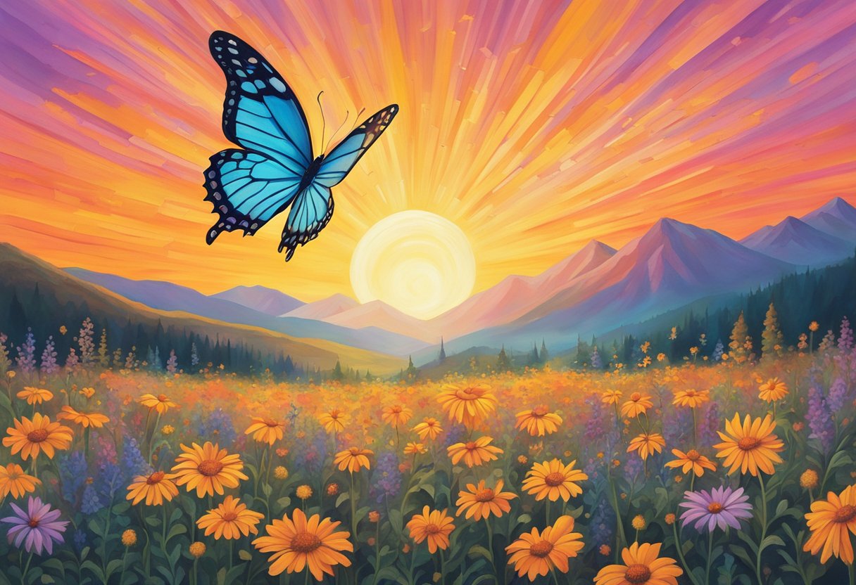 A vibrant sun rising over a mountain range, casting a warm glow on a field of wildflowers. A butterfly hovers near a blooming flower, symbolizing hope and resilience