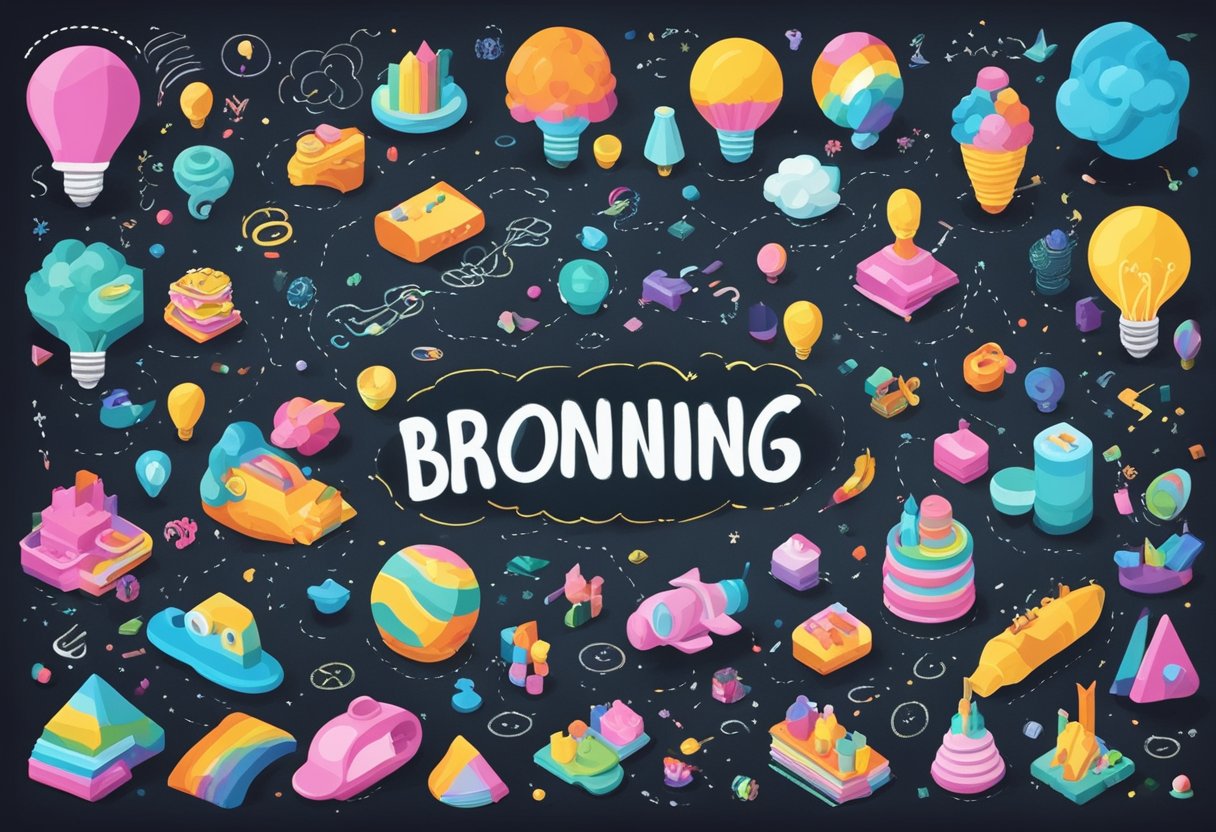 A colorful brainstorming session with name ideas swirling around a chalkboard, surrounded by playful and vibrant illustrations of baby items and symbols