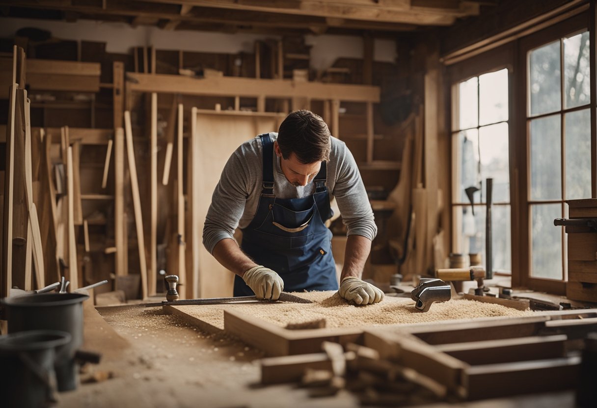 A carpenter is repairing a wooden door frame with a hammer and nails in a well-lit room. Sawdust is scattered on the floor, and various tools and materials are neatly organized on a workbench