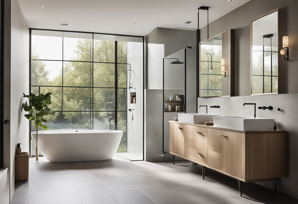 A sleek, minimalist bathroom with a freestanding tub, walk-in shower, and double sink vanity. The space is flooded with natural light from large windows, and features clean lines and contemporary fixtures