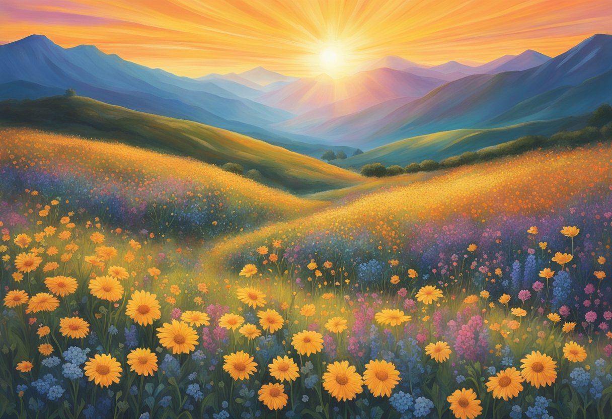A vibrant sun rising over a mountain range, casting a warm glow on a field of wildflowers, symbolizing hope and resilience in the face of cancer