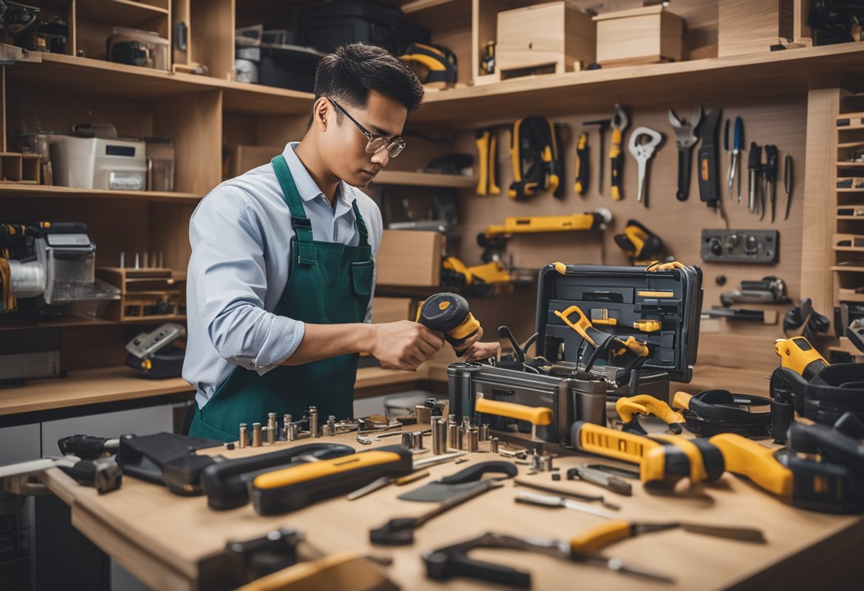 A carpenter repairing a broken cabinet, surrounded by various tools and materials, with a sign reading "Frequently Asked Questions carpentry repair services singapore" in the background