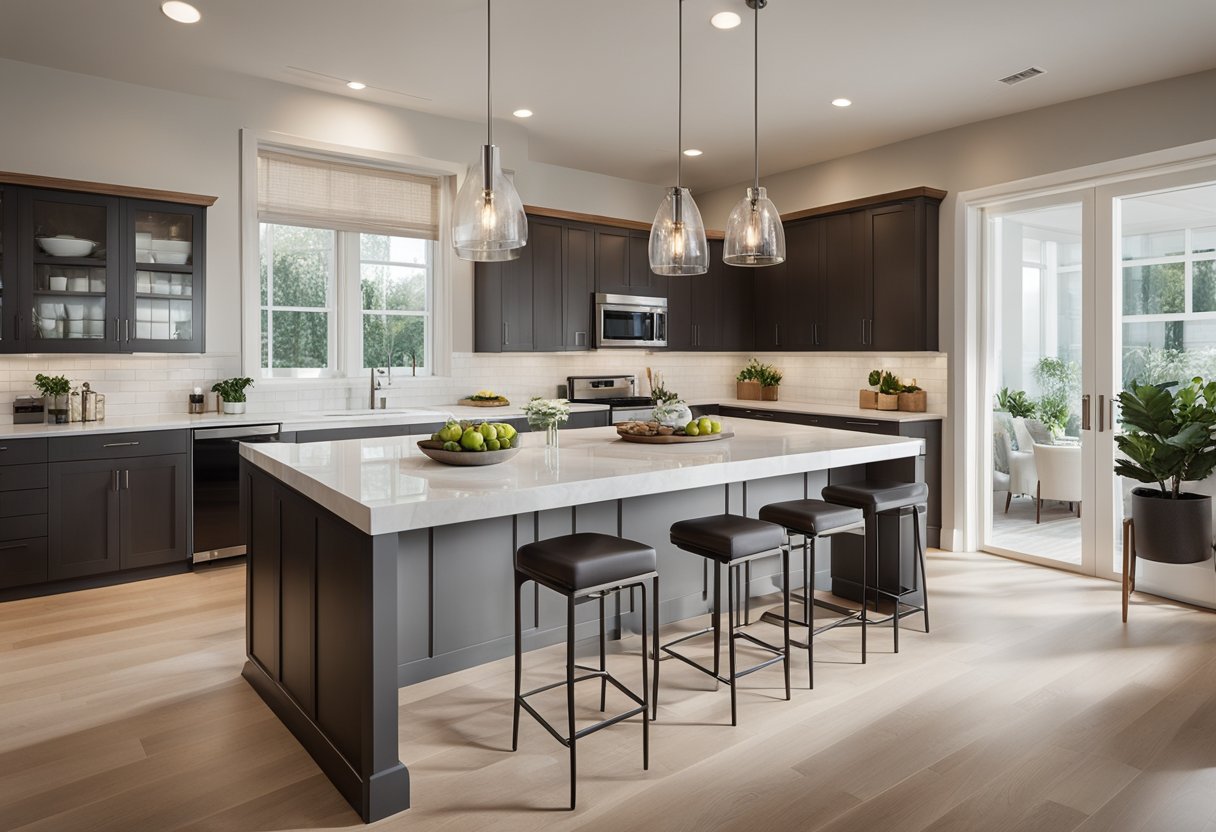 A bright, spacious kitchen with modern appliances and sleek countertops. A large island with bar stools for entertaining. Natural light streaming in through large windows