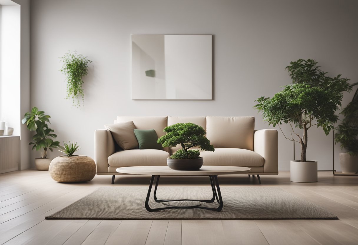 A minimalist living room with a low, sleek coffee table, floor cushions, and a potted bonsai tree. Clean lines and calming colors dominate the space