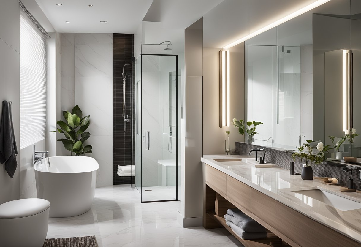 A sleek, minimalist bathroom with marble countertops, glass shower doors, and chrome fixtures. Light pours in from a large window, highlighting the clean lines and contemporary design