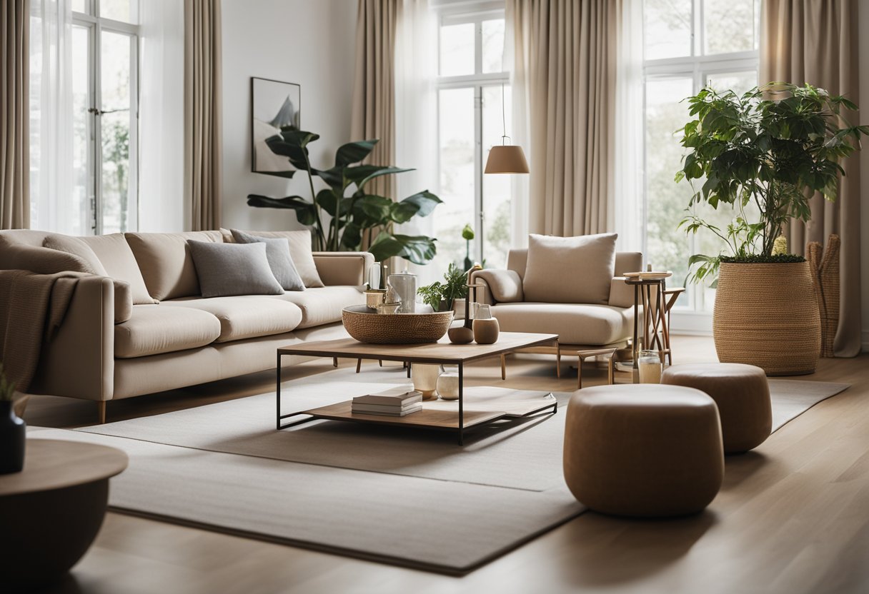 A serene living room with minimalist furniture, natural materials, and soft lighting, creating a peaceful and harmonious atmosphere