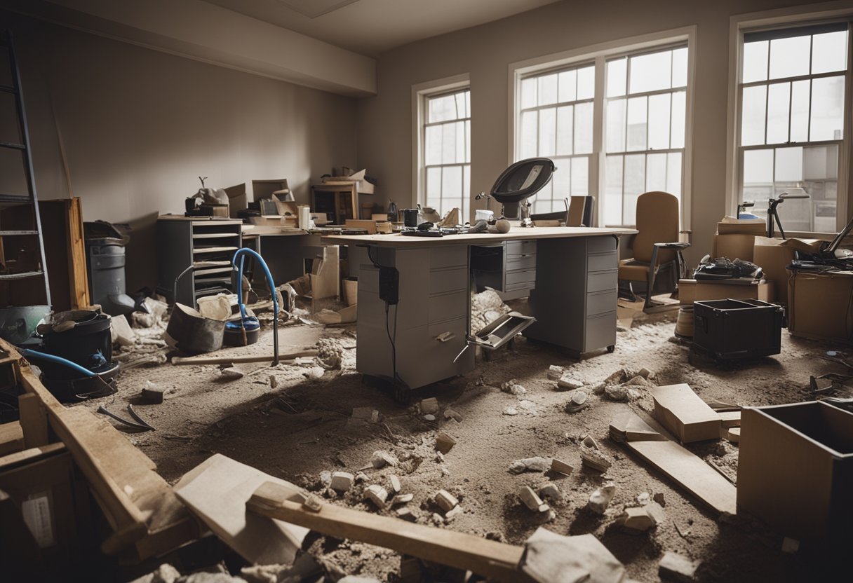 A cluttered room with construction debris, dust, and dirt. A cleaning crew with equipment and supplies ready to tackle the post-renovation mess