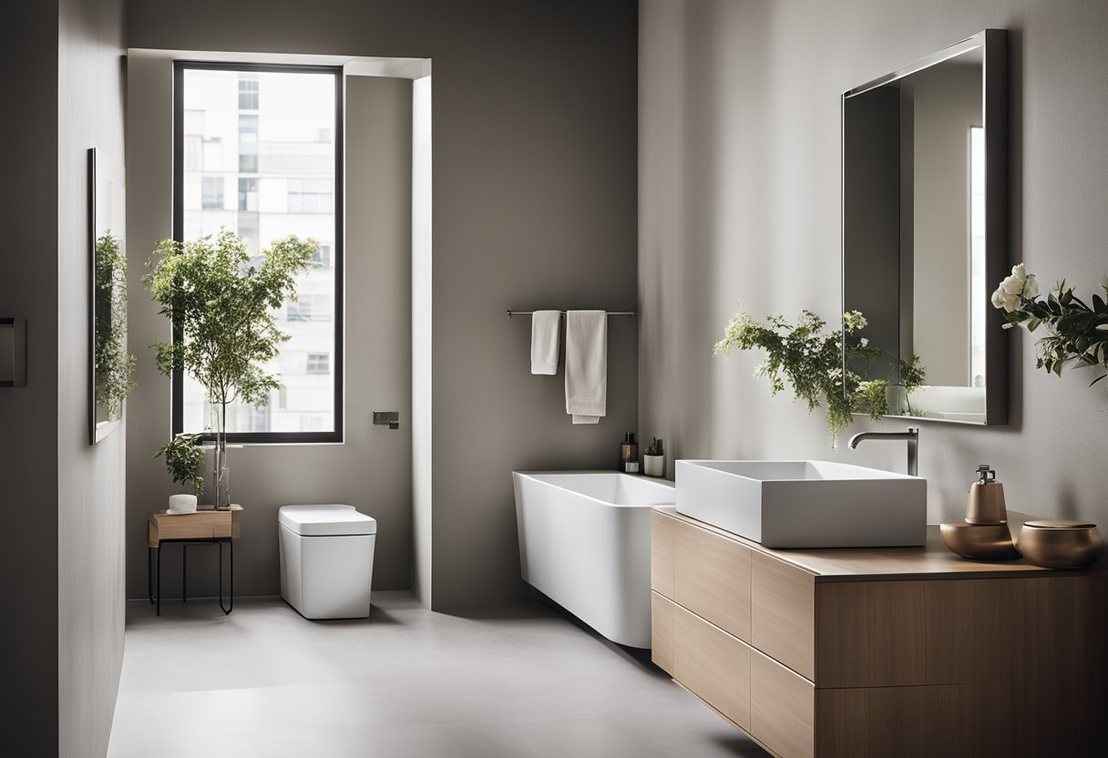 A sleek, minimalist bathroom with space-saving fixtures and clever storage solutions. Clean lines and neutral colors create a sense of modern sophistication