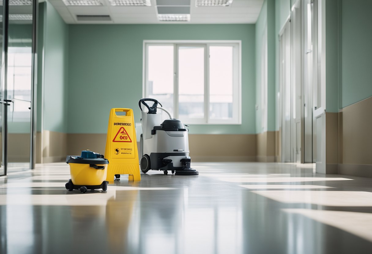 A clean, freshly renovated space with gleaming floors and dust-free surfaces. Cleaning supplies and equipment neatly organized in the corner