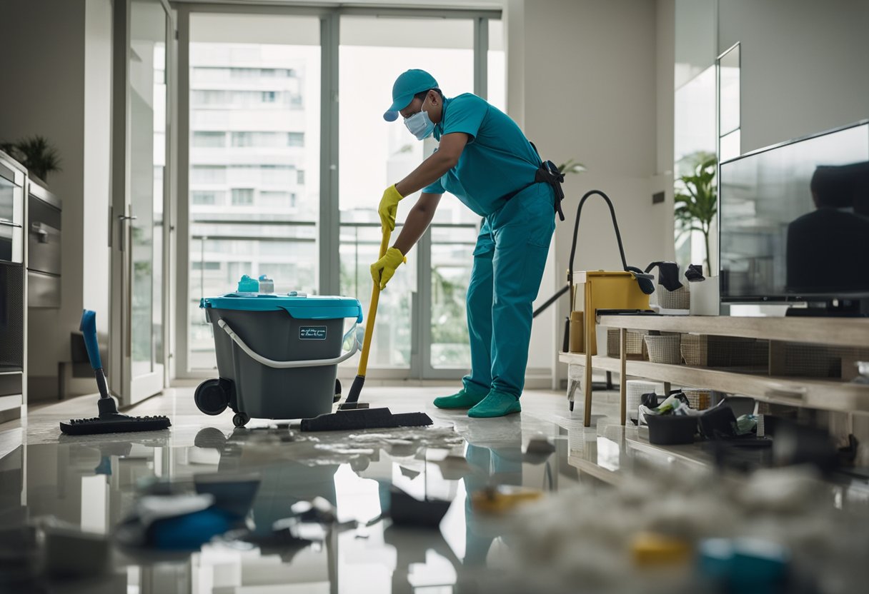 A cleaning crew tackles post-renovation mess in a modern Singapore apartment. Tools and supplies are scattered as they work efficiently