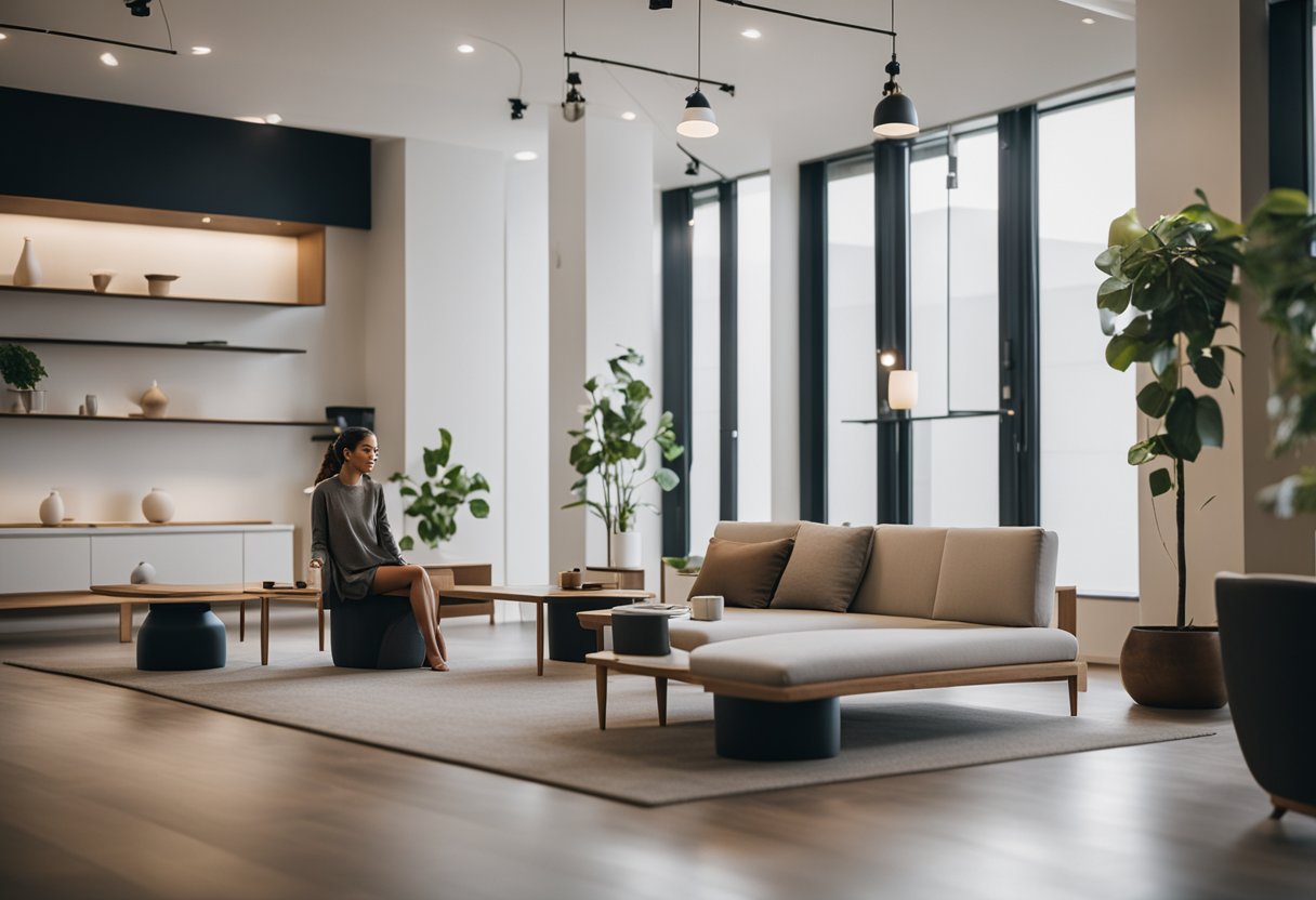 A person selecting Zen-inspired furniture in a serene, minimalist showroom