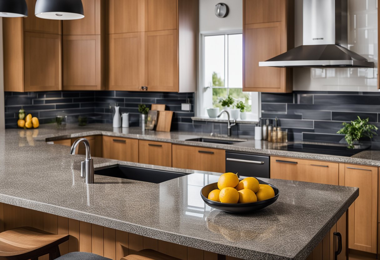 A kitchen with various renovation ideas pinned on a bulletin board, including samples of countertops, backsplashes, and cabinet designs