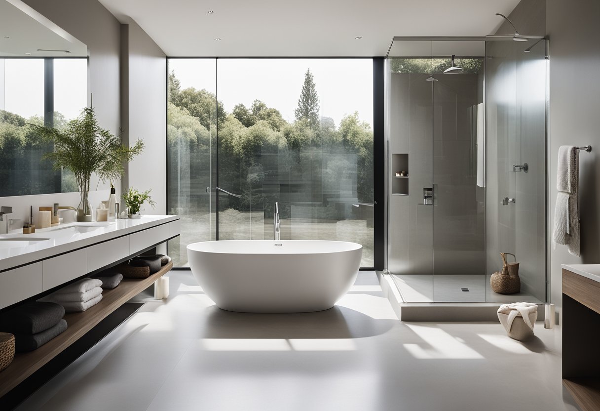 A sleek, minimalist bathroom with a large, freestanding tub, a spacious walk-in shower, and modern fixtures. Clean lines, neutral colors, and ample natural light create a serene and inviting space