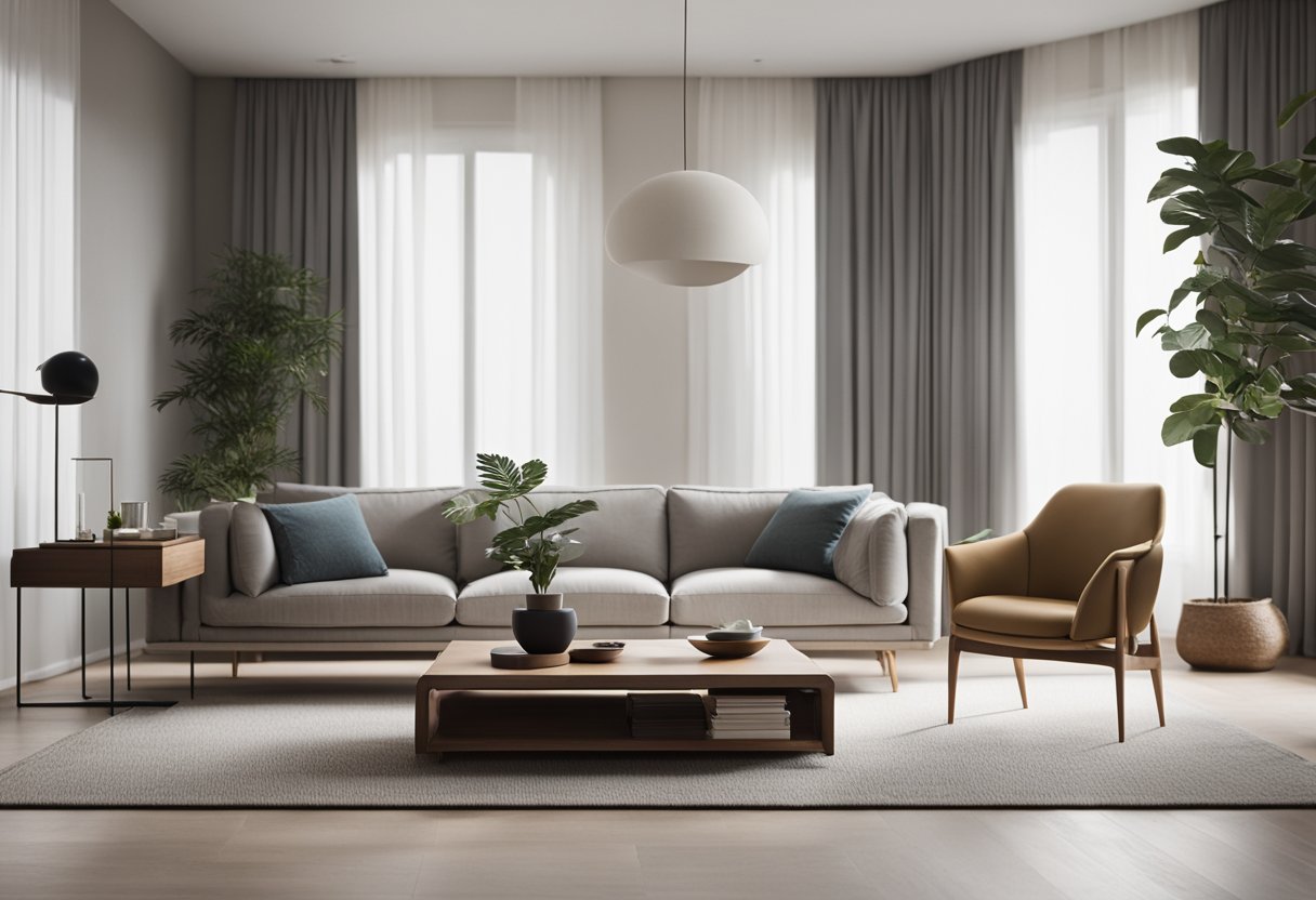 A minimalist living room with sleek, modern furniture arranged in a calming and harmonious manner. Subtle natural elements and soft lighting add to the serene atmosphere