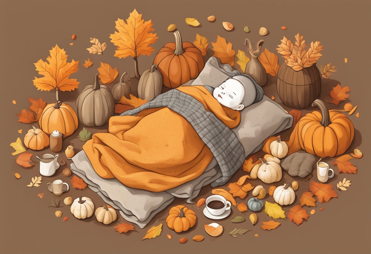A cozy autumn scene with falling leaves and warm colors, a baby nestled in a pile of blankets, surrounded by November-themed items like pumpkins, acorns, and cozy sweaters