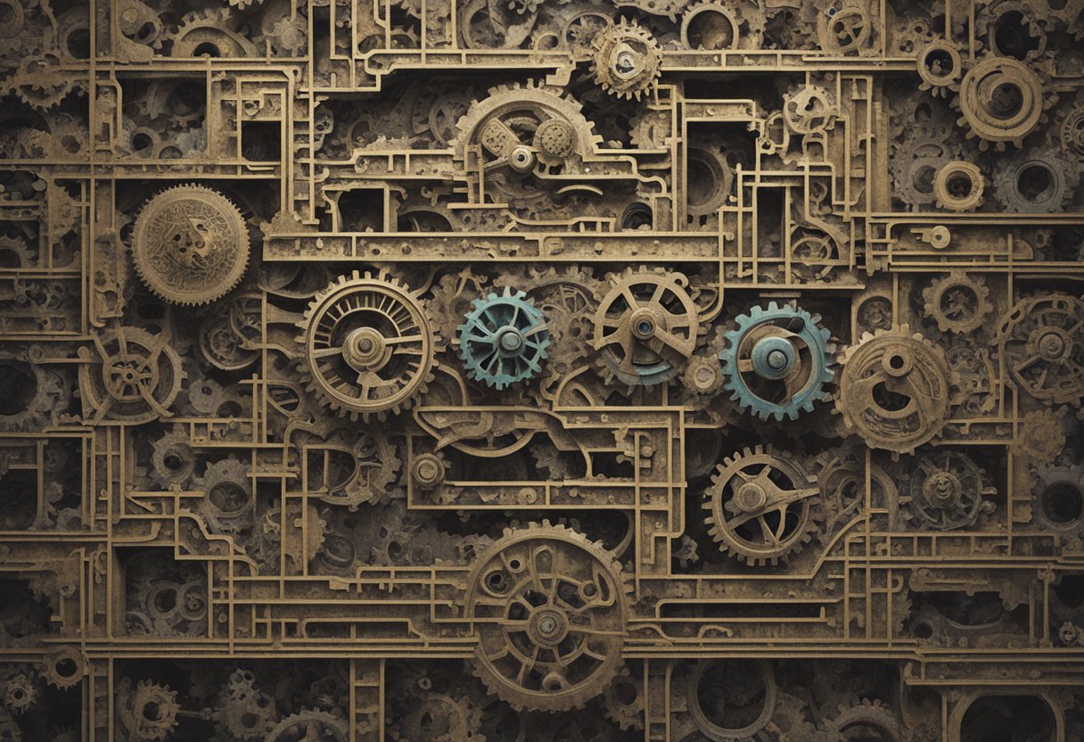 A group of interconnected gears and cogs, symbolizing support systems, work together to guide a path through a maze, representing the journey of a cancer thriver