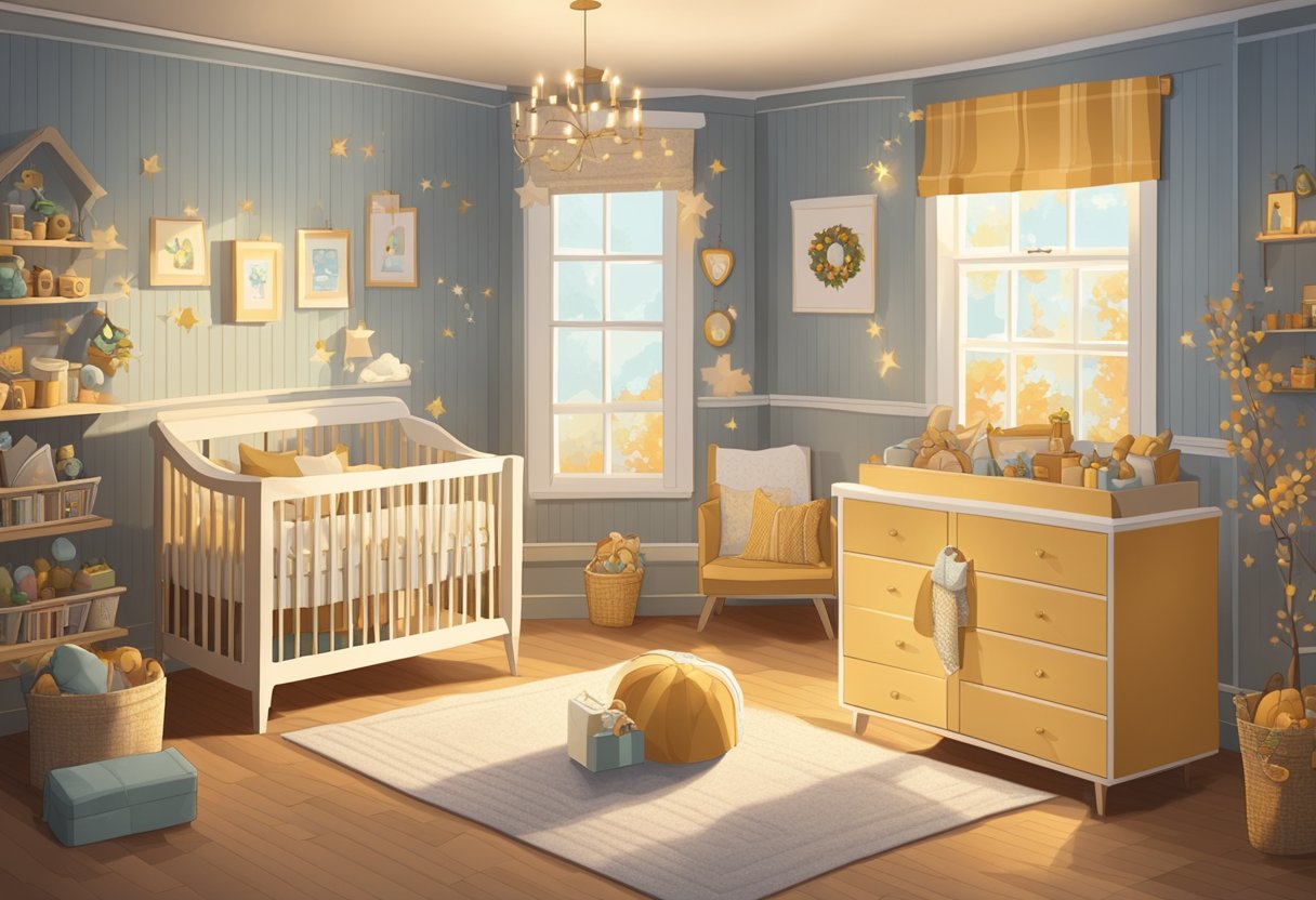 A cozy nursery with November-themed decorations and a list of "Good Names" for November babies displayed on the wall