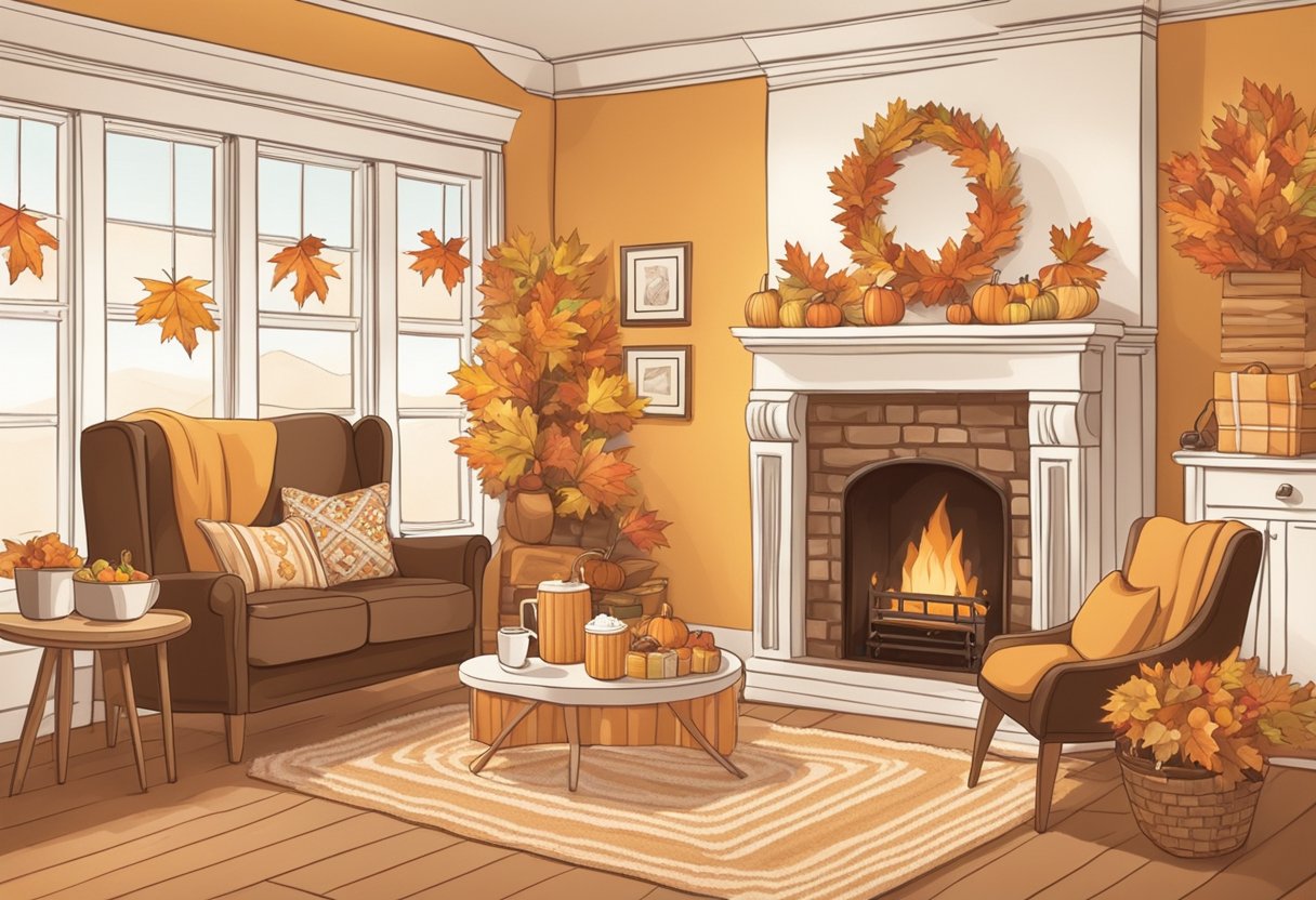 A fall-themed baby shower with November elements: falling leaves, cozy sweaters, hot cocoa, and a warm fireplace