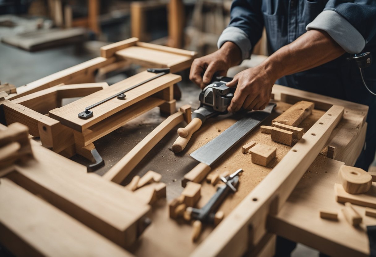 A carpenter in Singapore constructs a wooden structure with precision and skill. Saws, hammers, and measuring tools are neatly organized on the workbench. Sawdust fills the air