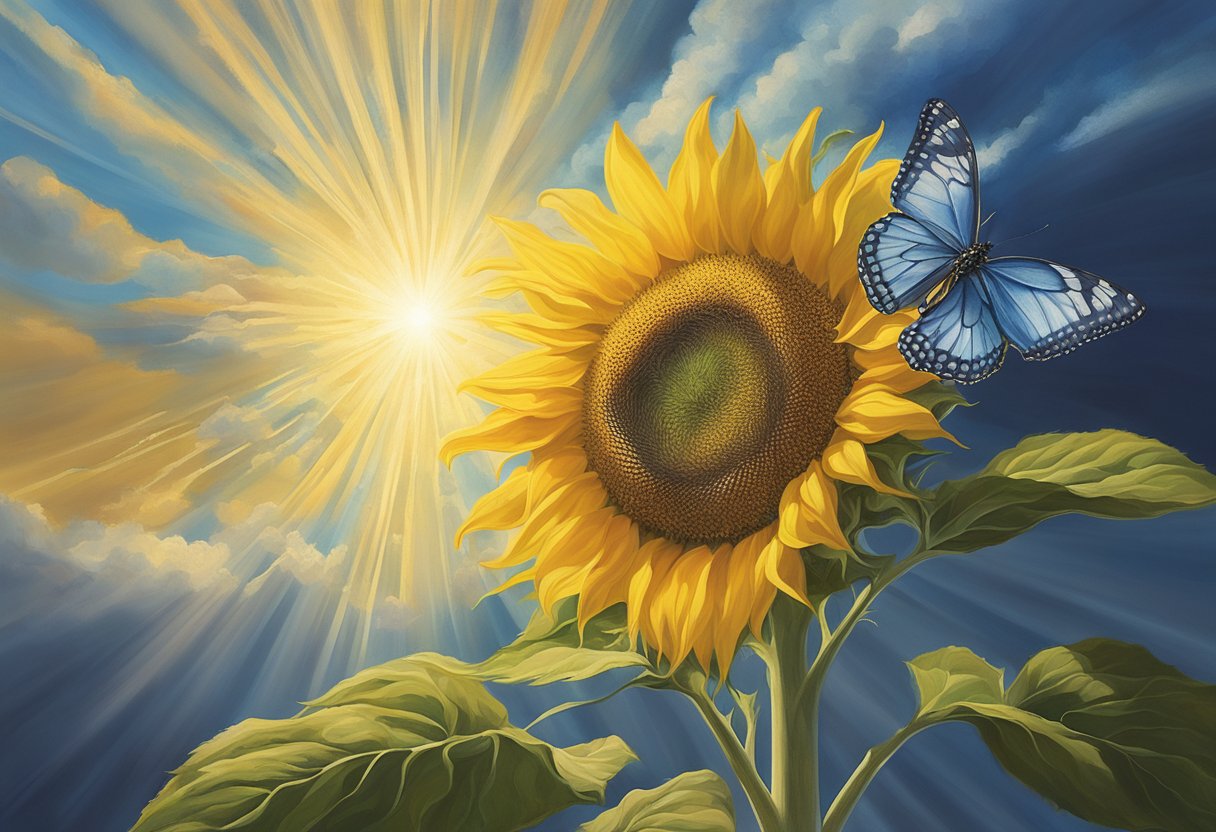 A vibrant sunflower reaching towards the sky, surrounded by rays of light and a butterfly emerging from a cocoon