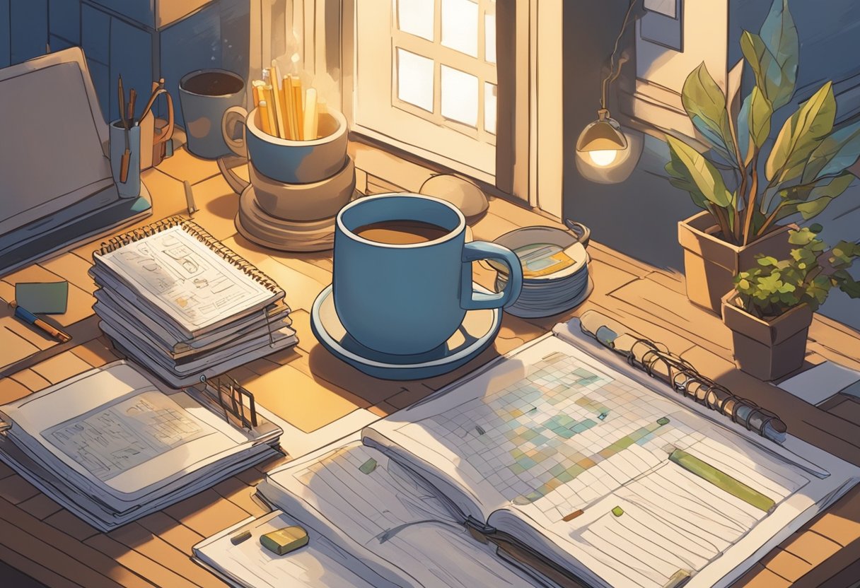 A cozy study with a desk covered in baby name books and a calendar flipped to November. A cup of hot tea steams next to a notepad filled with scribbled ideas