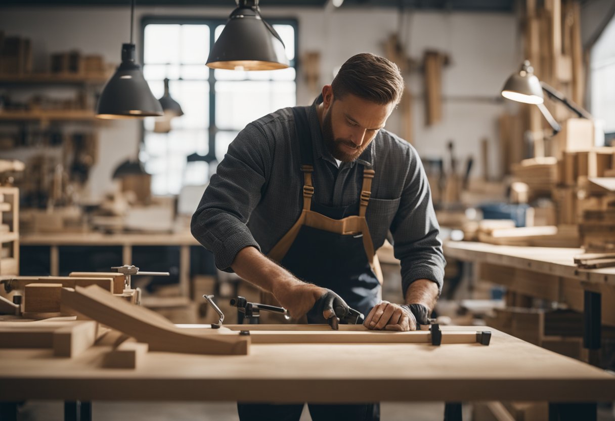 A carpenter meticulously assembles custom furniture in a well-lit workshop, surrounded by various tools and wood materials