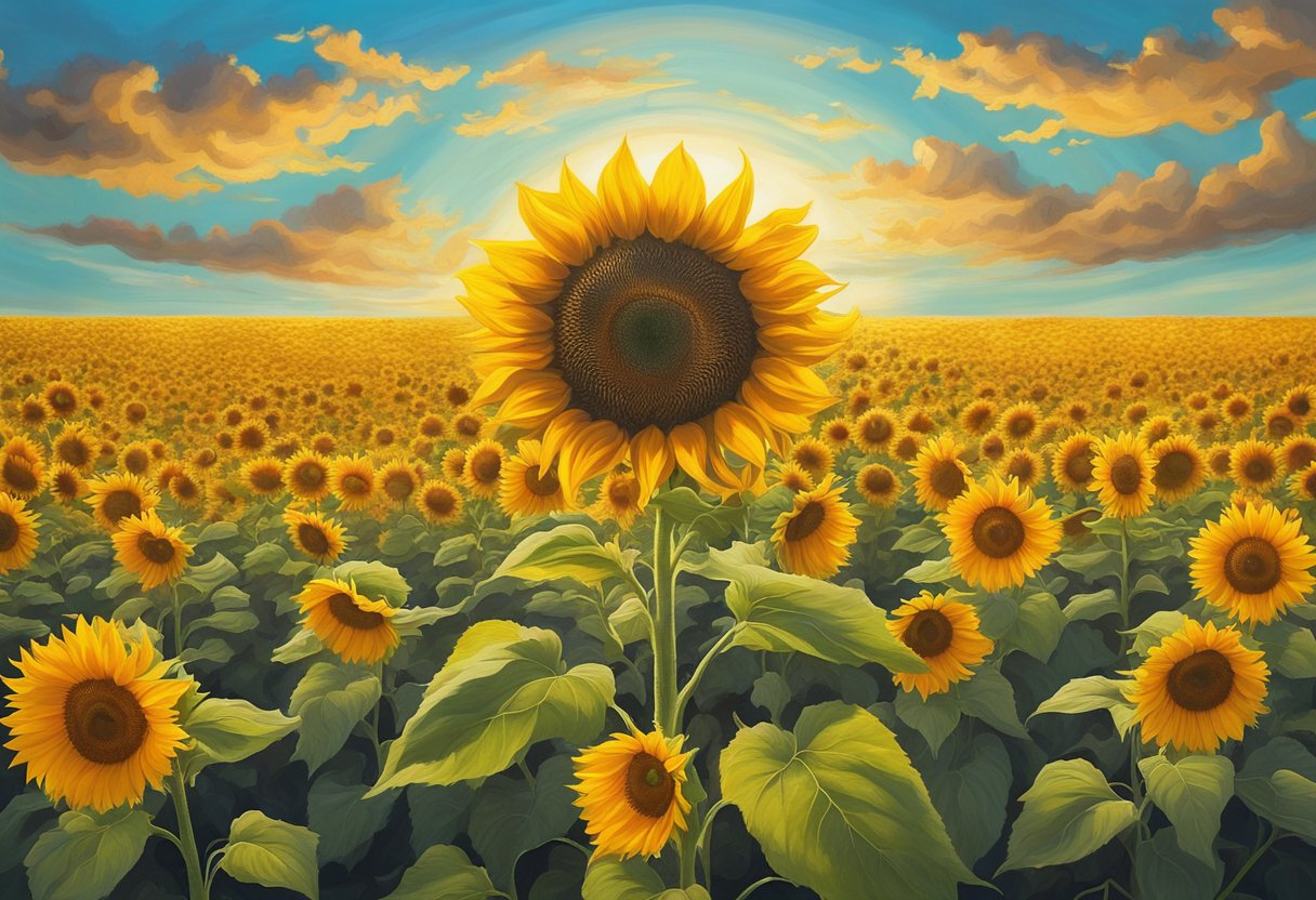 A vibrant sunflower reaching towards the sky, surrounded by a circle of supportive friends and family, symbolizing resilience and determination