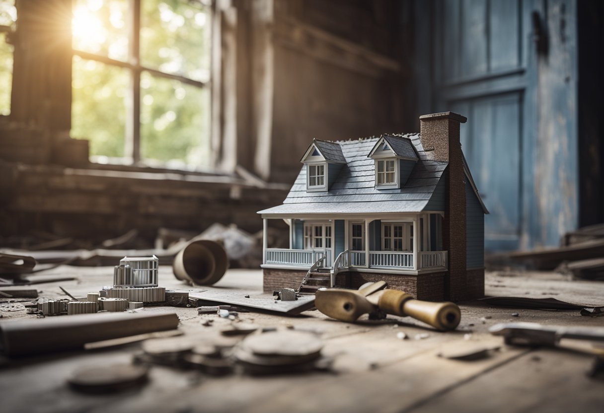 The old house sits empty, waiting for renovation. Tools and blueprints lay scattered, ready to bring new life to the worn walls and floors