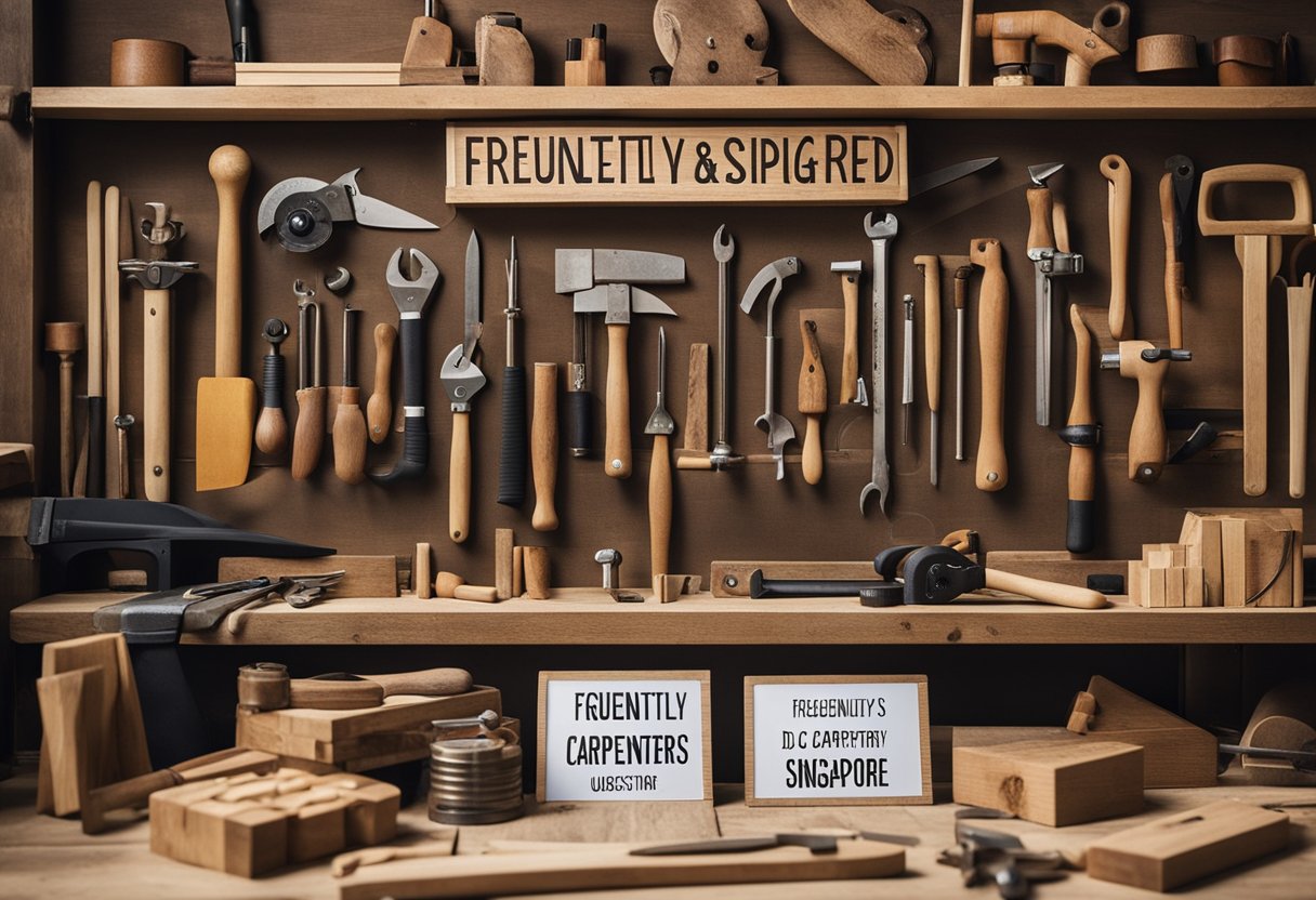 A carpenter's workshop with tools, wood, and a sign that reads "Frequently Asked Questions dc carpentry singapore."