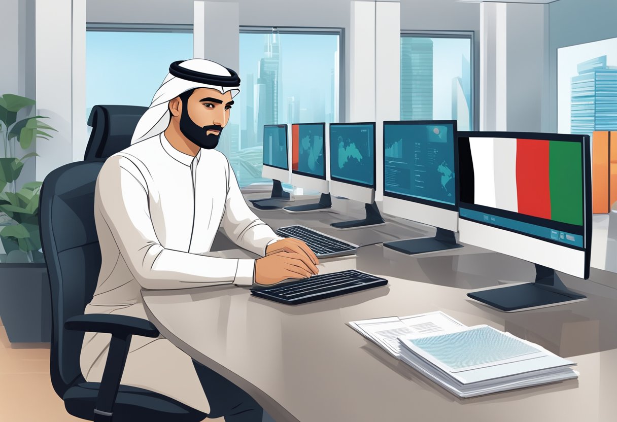 A bank officer in the UAE processes business account paperwork at a sleek, modern desk. The officer is surrounded by computer monitors, paperwork, and a UAE flag displayed prominently in the background