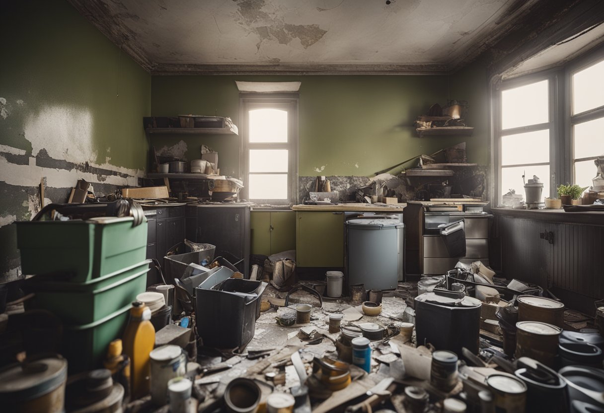 A cluttered, cramped apartment with peeling wallpaper and worn floors. Tools and paint cans scattered about as the space is being transformed