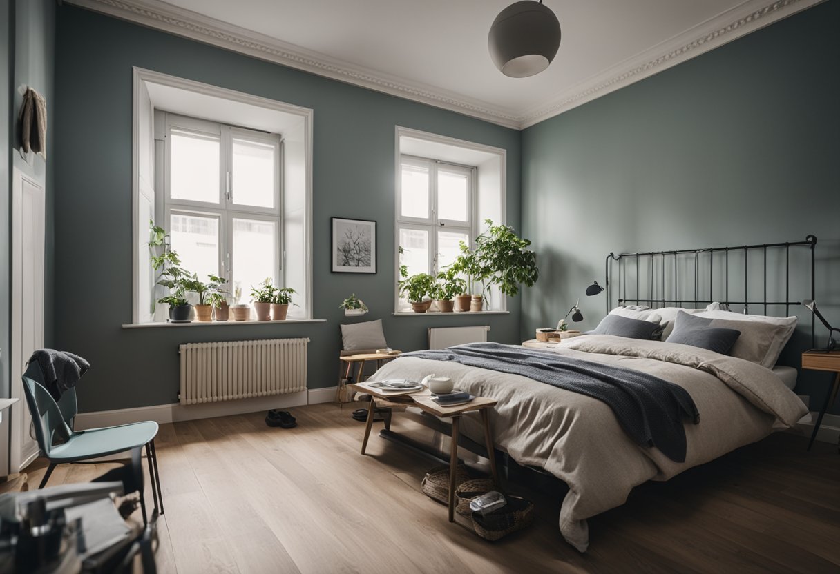 A cluttered 2-room flat undergoes renovation with new paint, flooring, and furniture being installed