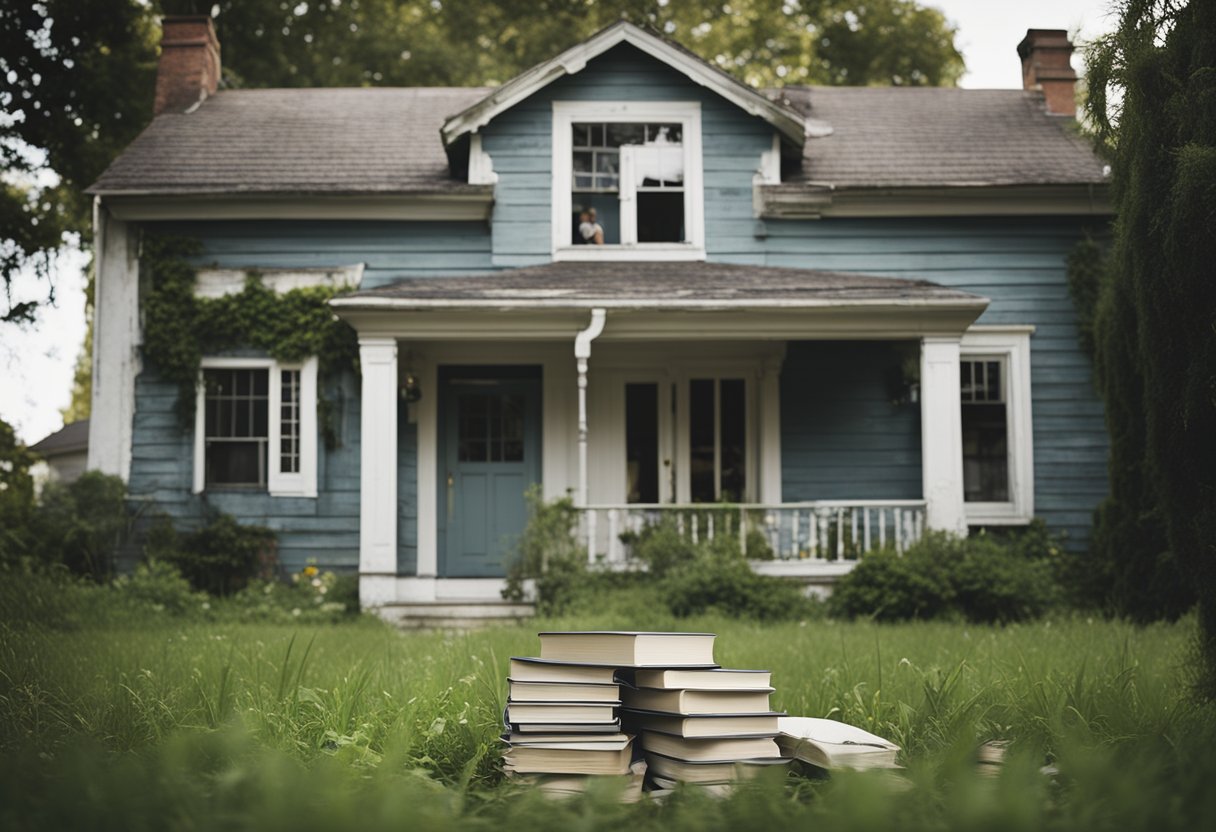 An old house with peeling paint and overgrown yard, a stack of renovation books, and a computer open to a "Frequently Asked Questions" page