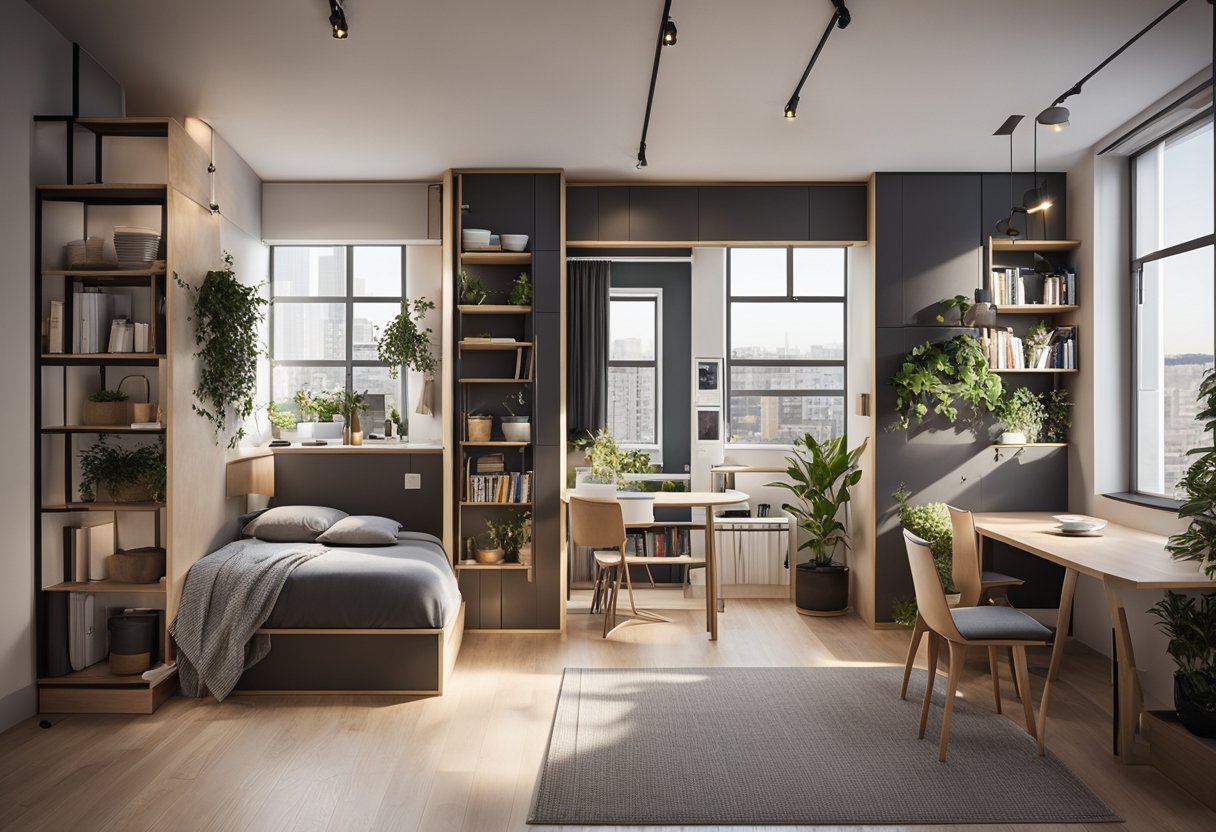 The tiny apartment is transformed with clever space-saving solutions, such as fold-down furniture, built-in storage, and multifunctional pieces