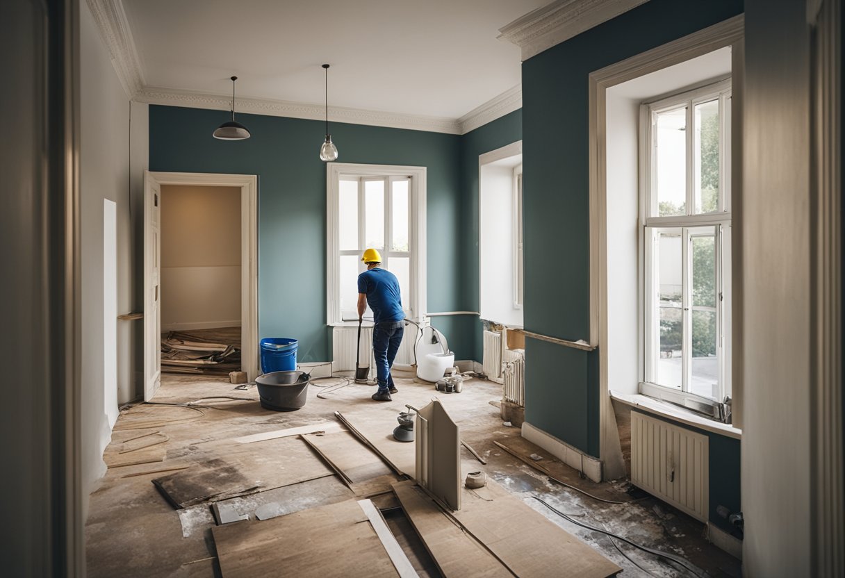 A two-room flat being renovated: walls stripped, floors replaced, new fixtures installed, and paint being applied