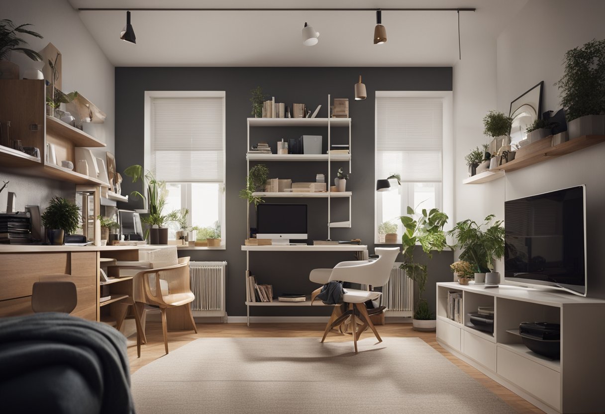 A small, cluttered apartment with limited space. Furniture is being rearranged to maximize functionality. Bright paint and clever storage solutions are being added